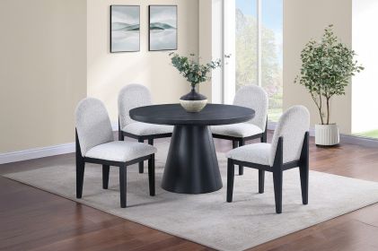 Dining Table 4x Side Chairs White Finish Fabric Black Round Table w Cone Base 5pc Dining Set Plush Seat