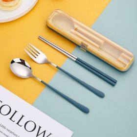 3pcs Portable Stainless Steel Cutlery Set; Fork Spoon Chopsticks With Case (Color: Blue)